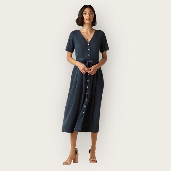 Vetta Capsule Button Up Midi Dress | Medium | Navy Blue Tencel Flowy Pockets - Picture 2 of 10